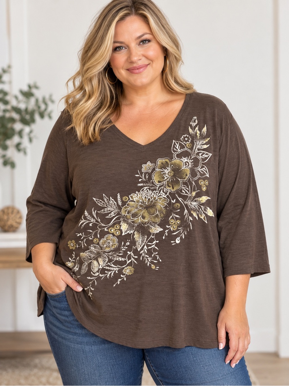 Catherines 3X Brown Floral Graphic V Neck Top Plus Size 26W 28W